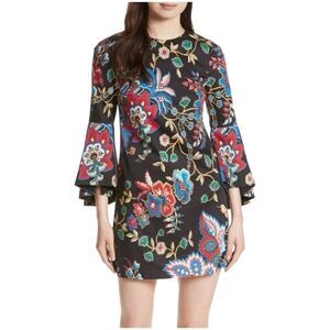 Alice + Olivia "Thym" Black Multicolour Bright Floral Trumpet Sleeve Tunic Dress